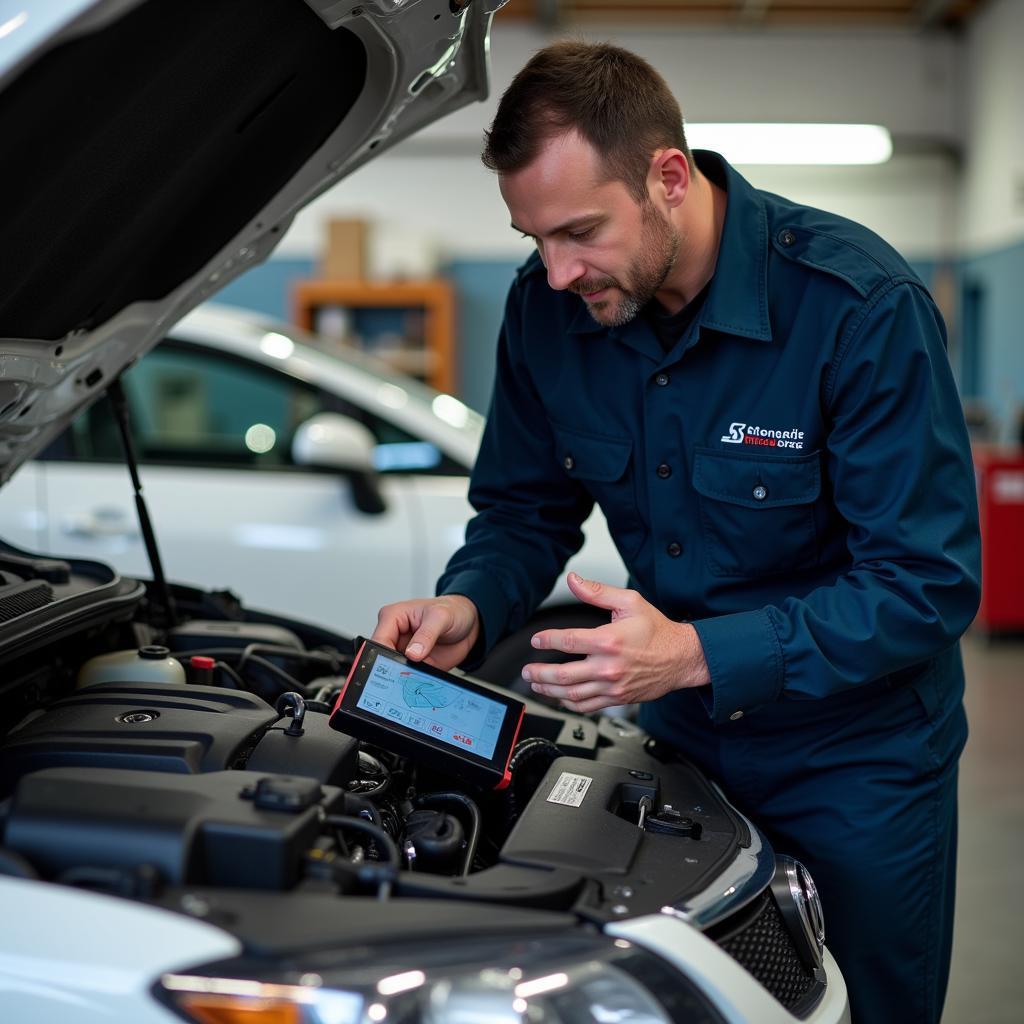 Car mechanic using diagnostic tool