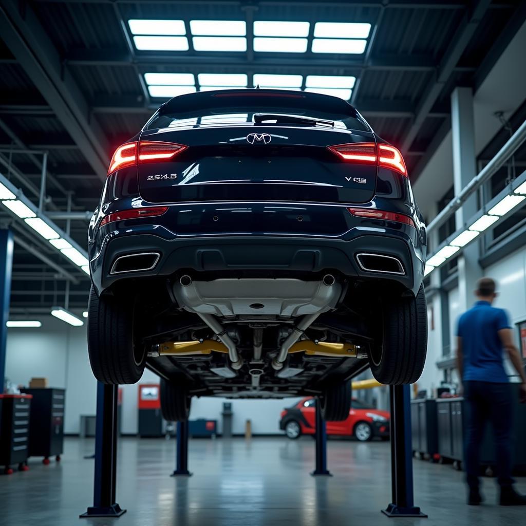 A car raised on a lift in a modern service center