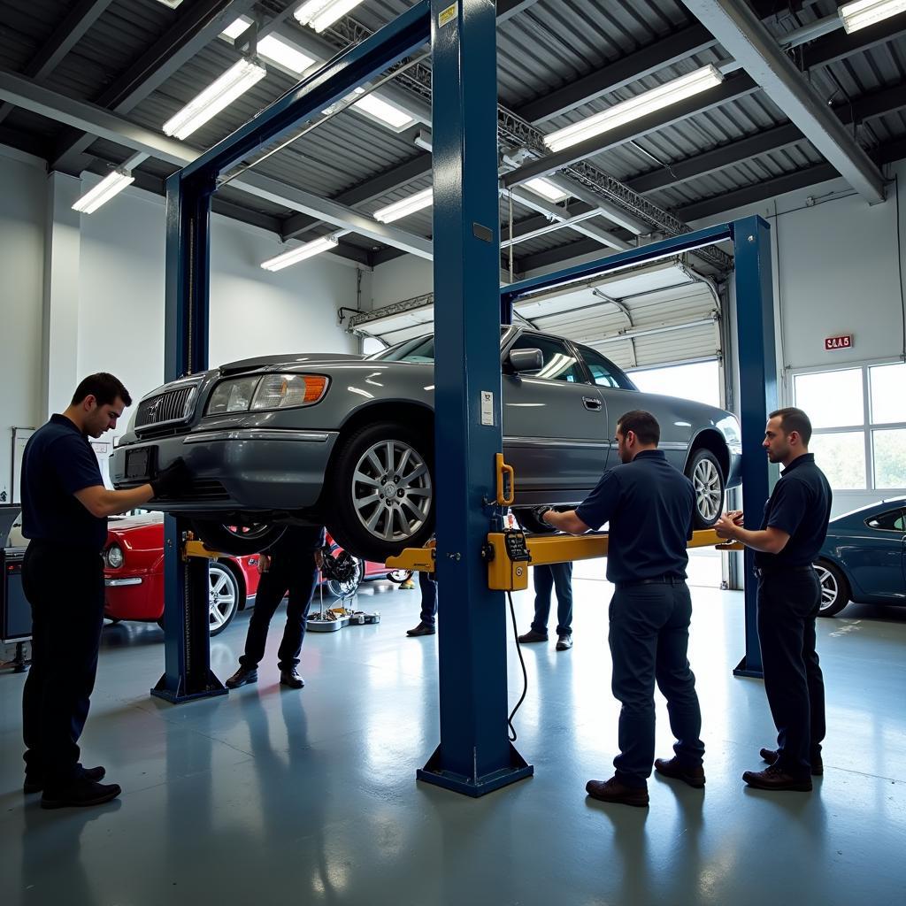 Car undergoing a complex transmission repair in a specialized car service center