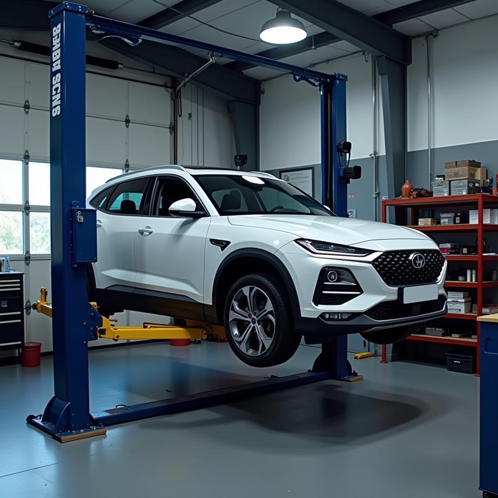 Car on a lift in a garage