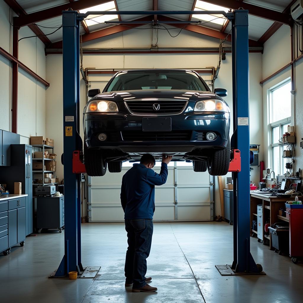 Car on a Lift in a Garage