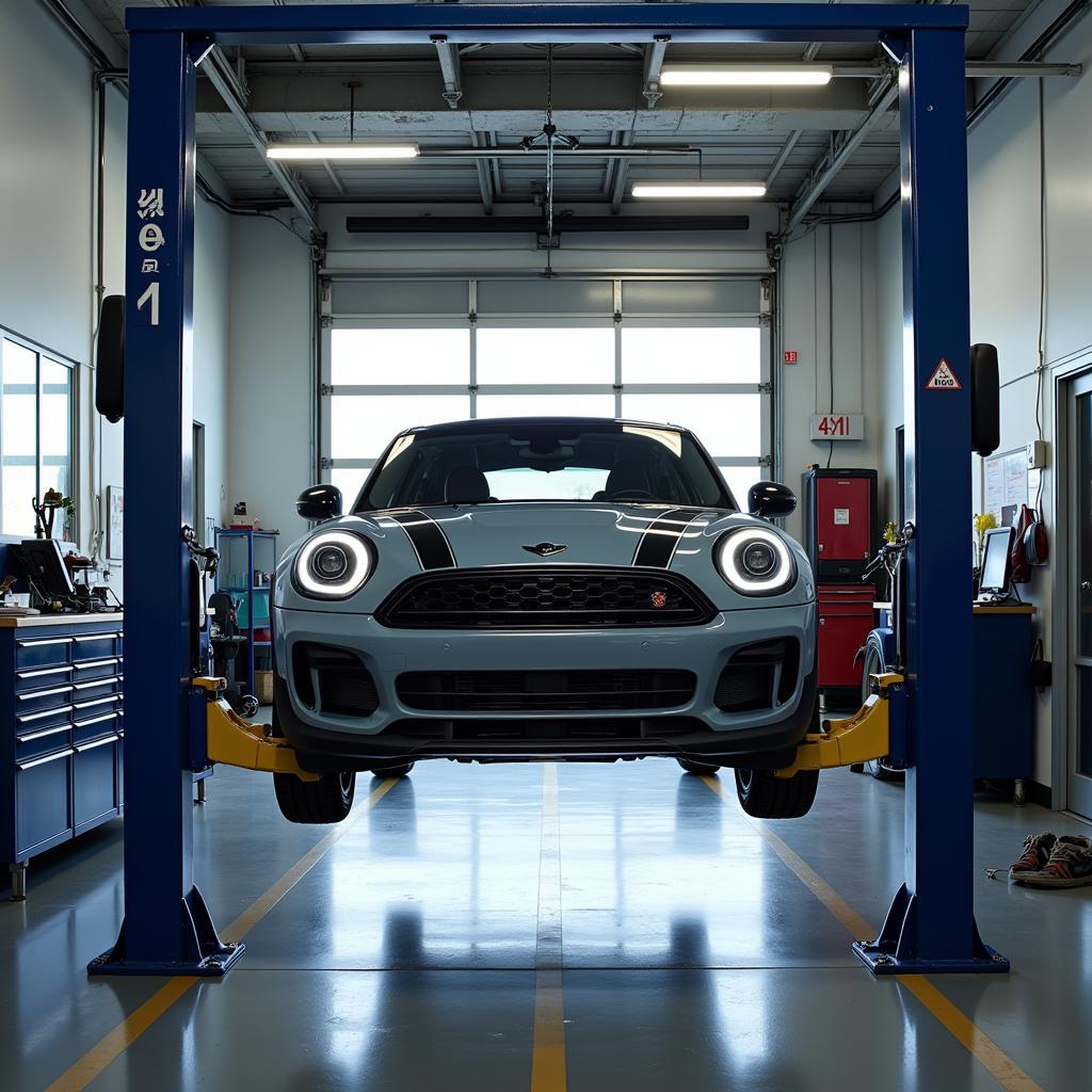 Car raised on a lift for a thorough inspection during a car service