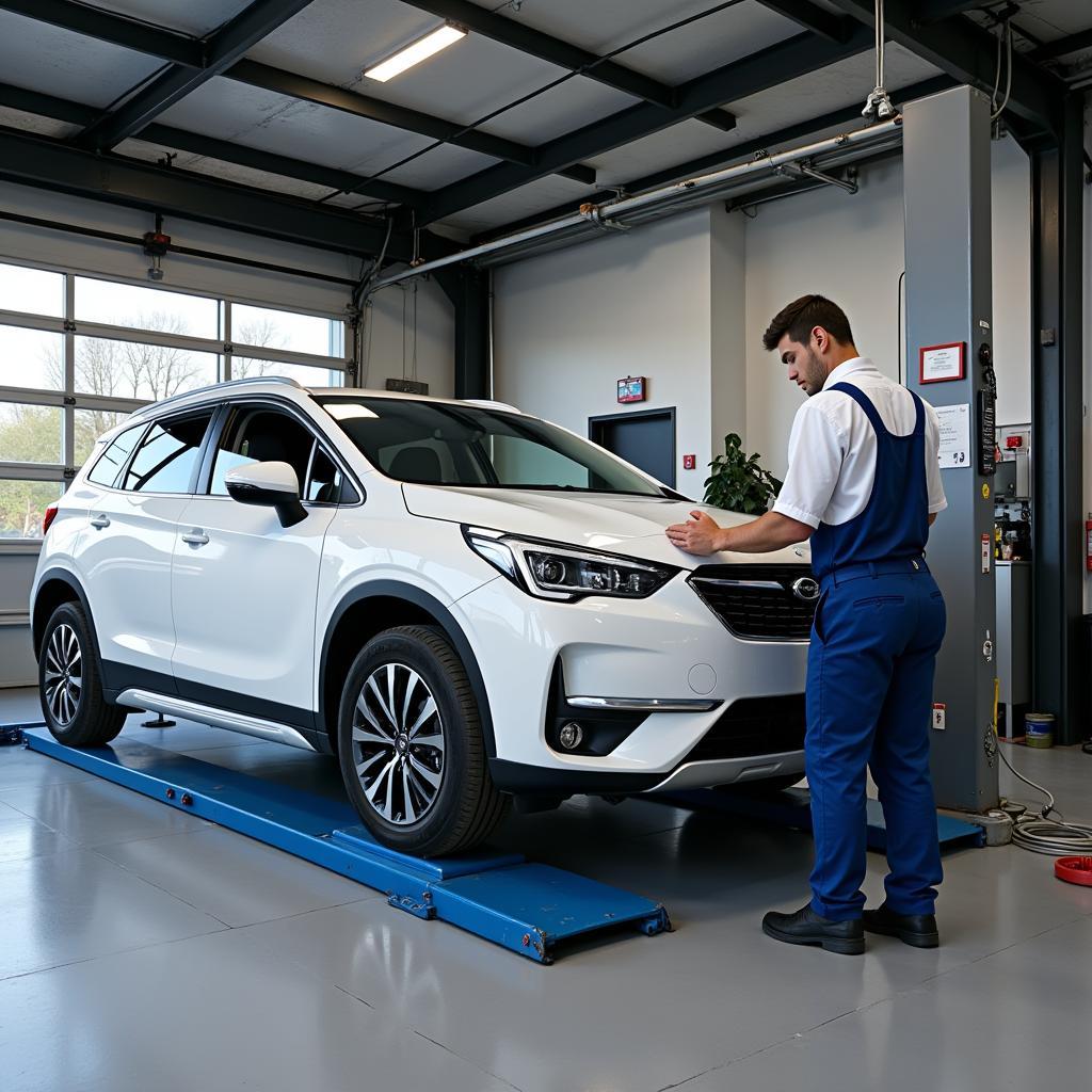 Vehicle Undergoing Inspection on a Lift