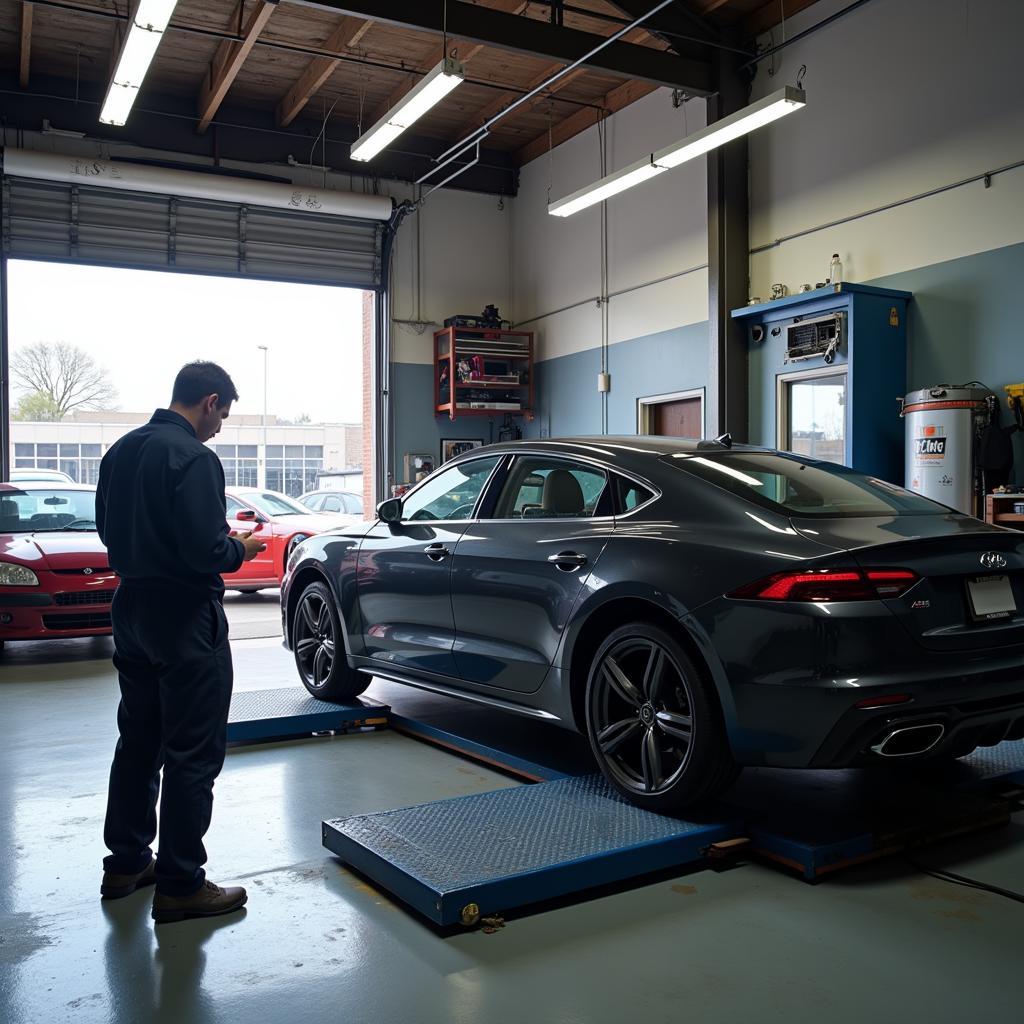 Car on a lift at a repair shop undergoing inspection