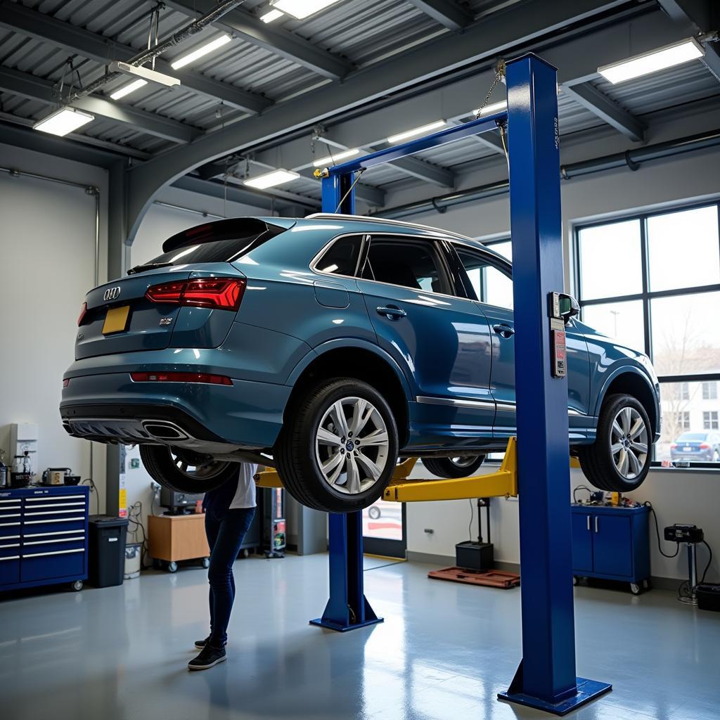 Car on a lift in a service center for inspection