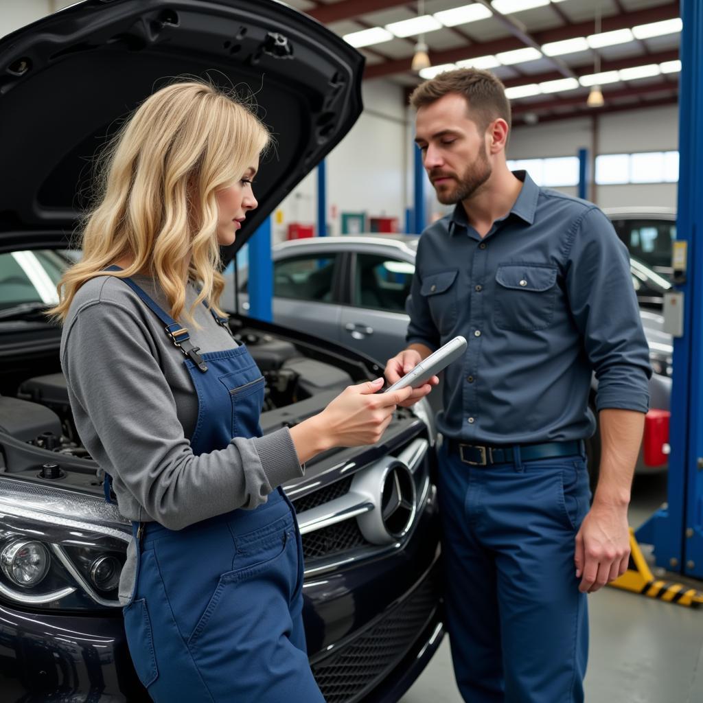 Car owner talking to a mechanic about car repairs