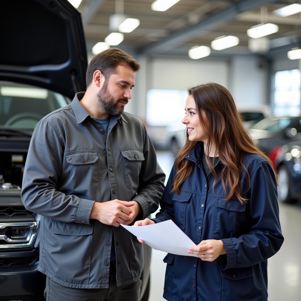 A car owner and mechanic discussing a service report