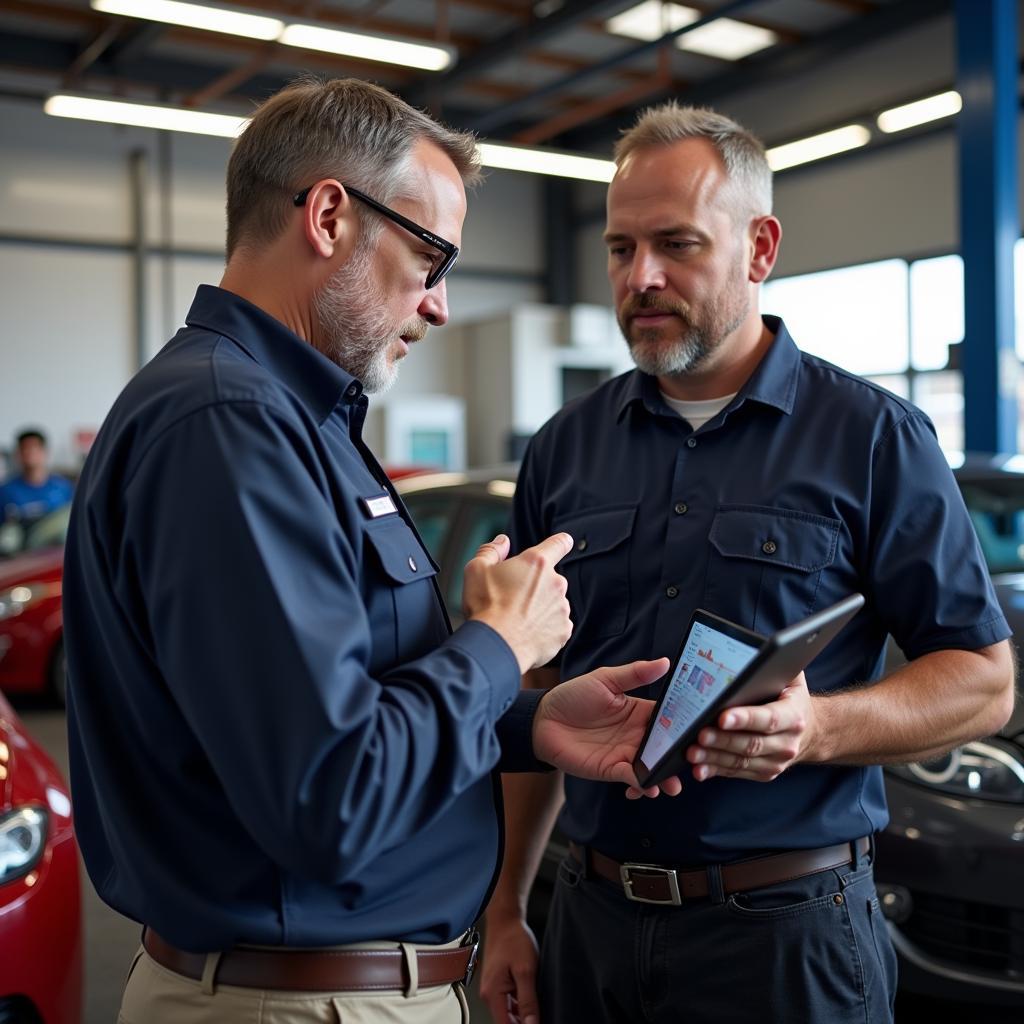 Car owner and mechanic reviewing service history together