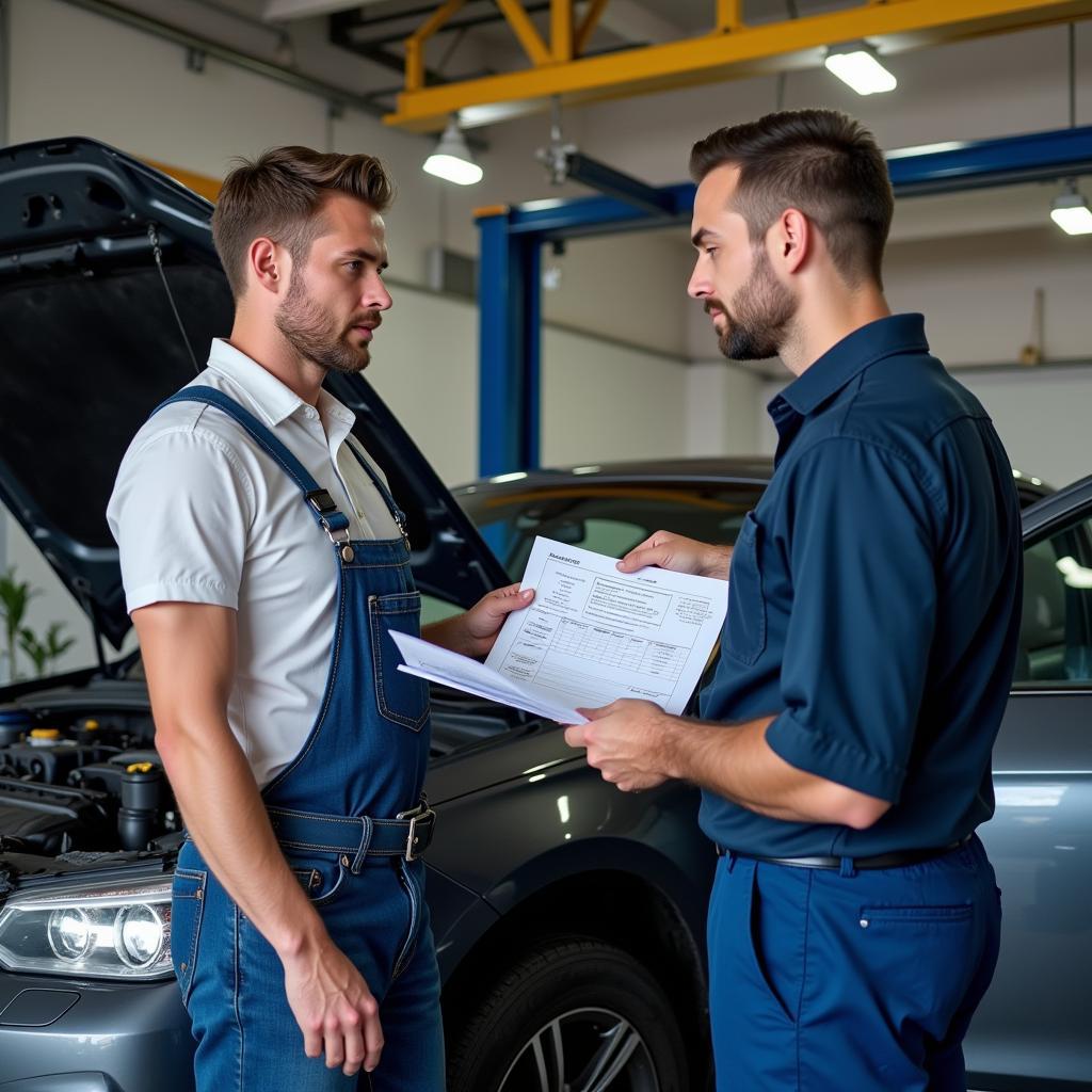 Car owner consulting with a mechanic about repair options