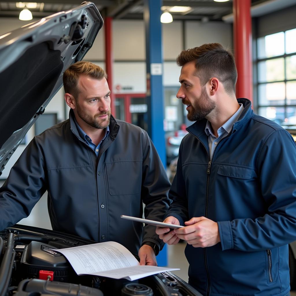 Car owner discussing repairs with mechanic