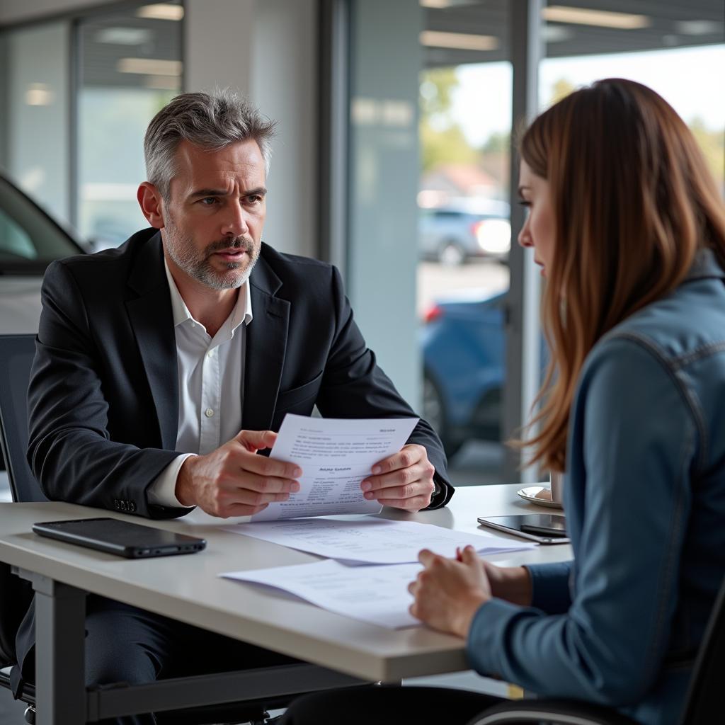 Car Owner Discussing Service Invoice with Advisor