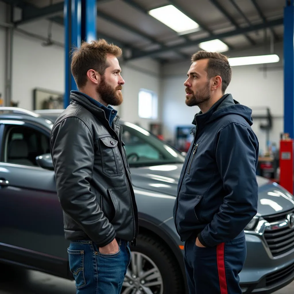 Car owner discussing service details with an independent mechanic in a local repair shop.