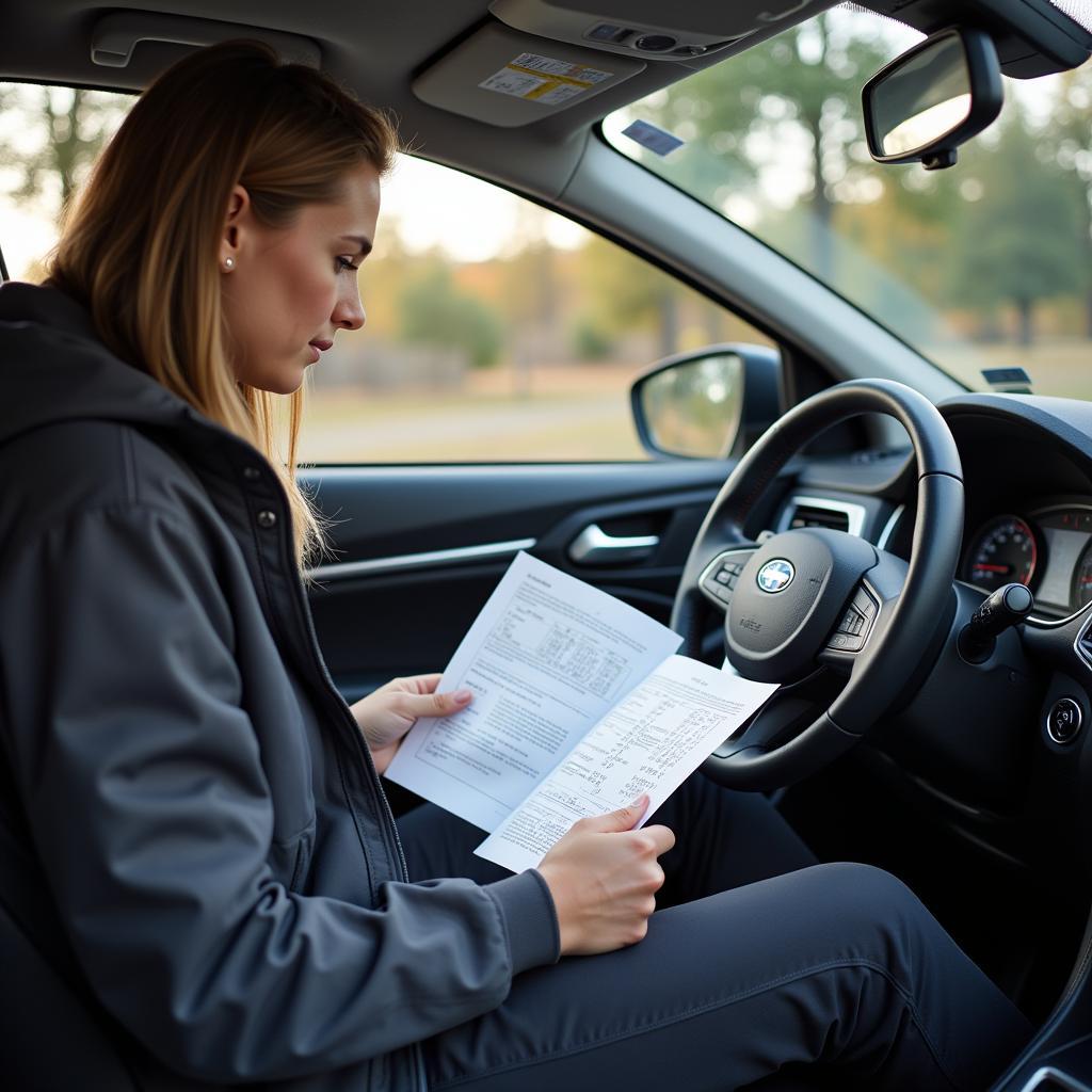 Car owner reviewing maintenance schedule in manual