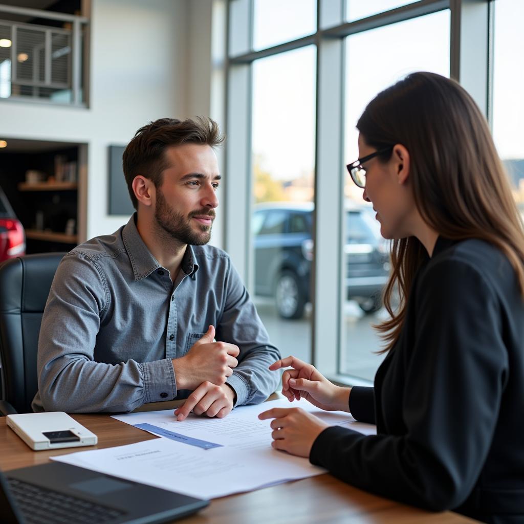 Car owner reviewing a service contract with a service advisor at a dealership