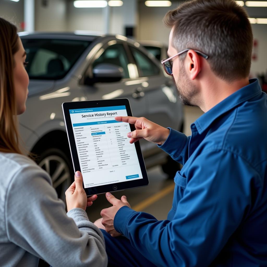 Car owner reviewing service history with a mechanic