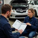 Car owner reviewing a service invoice with their mechanic