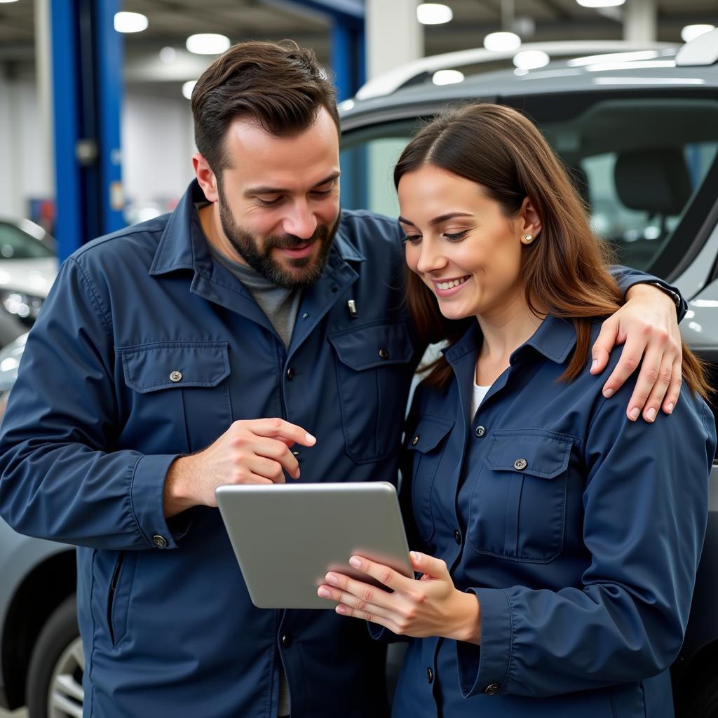 Car Owner Reviewing Service Records with Mechanic