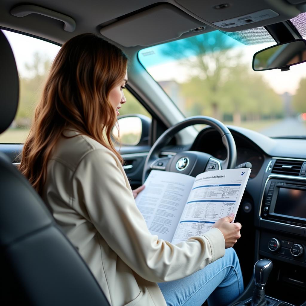 Car owner consulting the service schedule in their vehicle's owner's manual