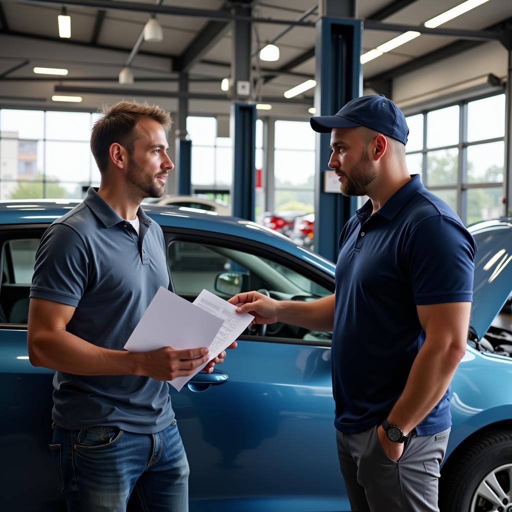 Car Owner and Mechanic Discuss Service