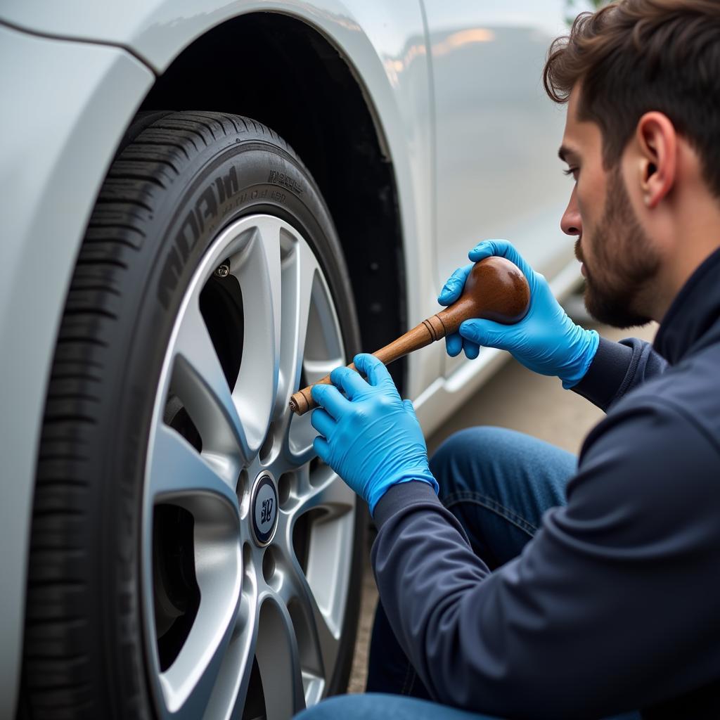 Close-up of car paint repair in progress