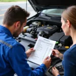 Mechanic explaining car repair estimate to a customer