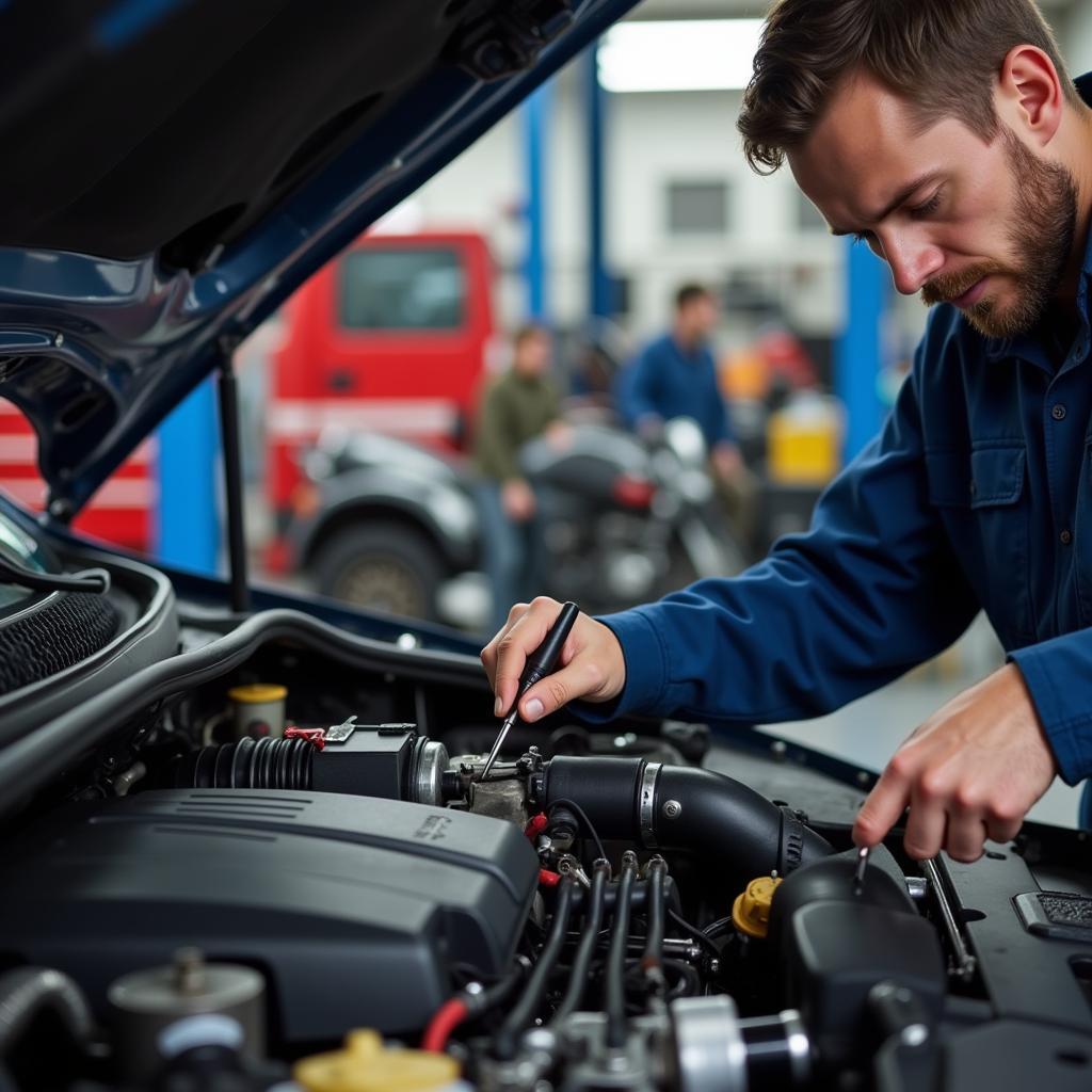 Mechanic working on a car engine in a repair shop