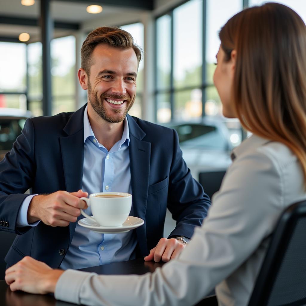 A smiling car salesperson offering a cup of coffee to a customer