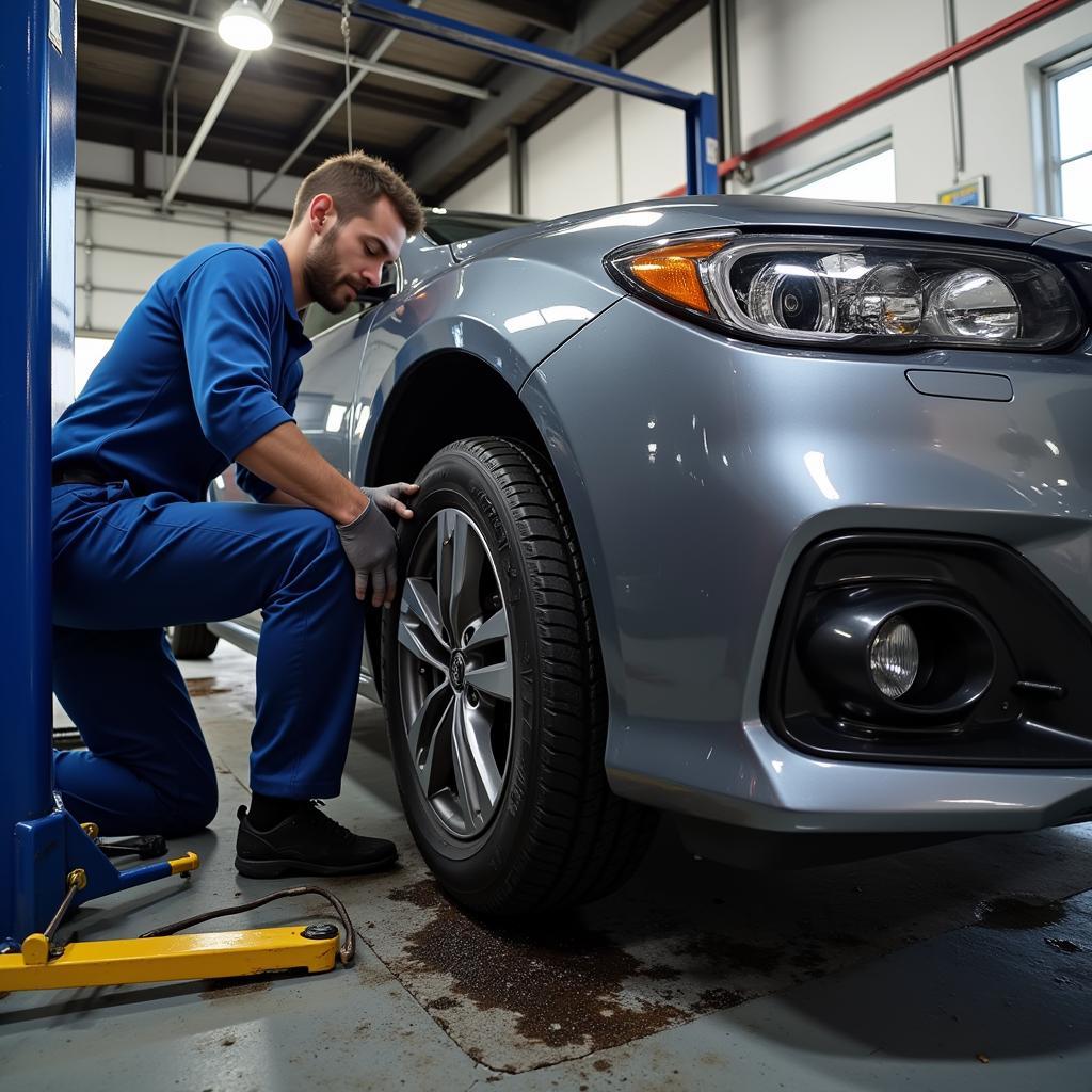 Mechanic performing routine maintenance on a car in 11214