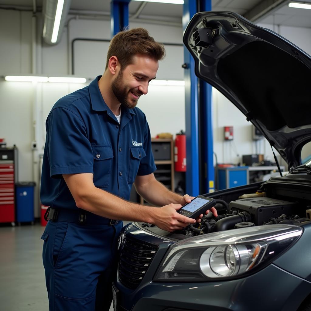 Mechanic inspecting a car in a 11214 auto repair shop