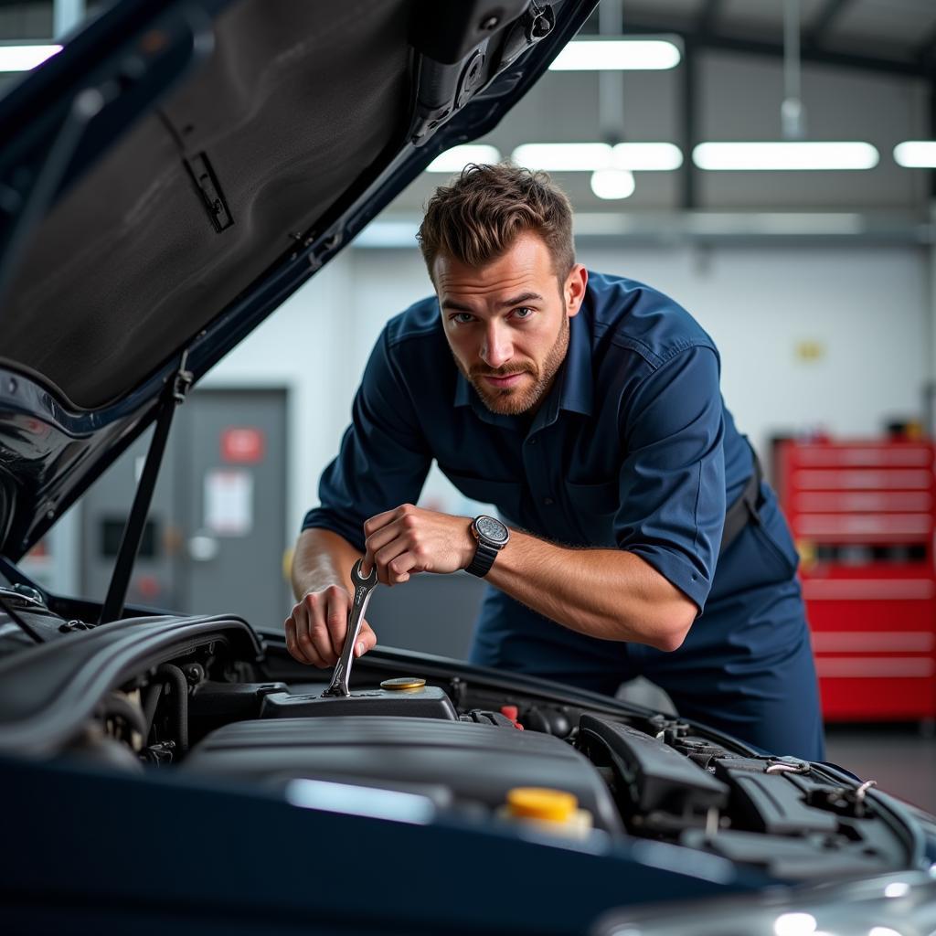 Mechanic working on a car engine in 11434