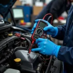 Mechanic inspecting a car in a garage in 11434