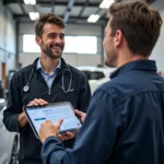 Car service advisor consulting with a customer about their complete care plan