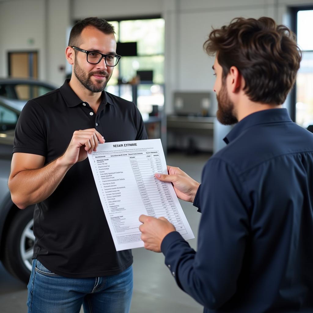 Car Service Advisor Explaining Repair Estimate to Customer