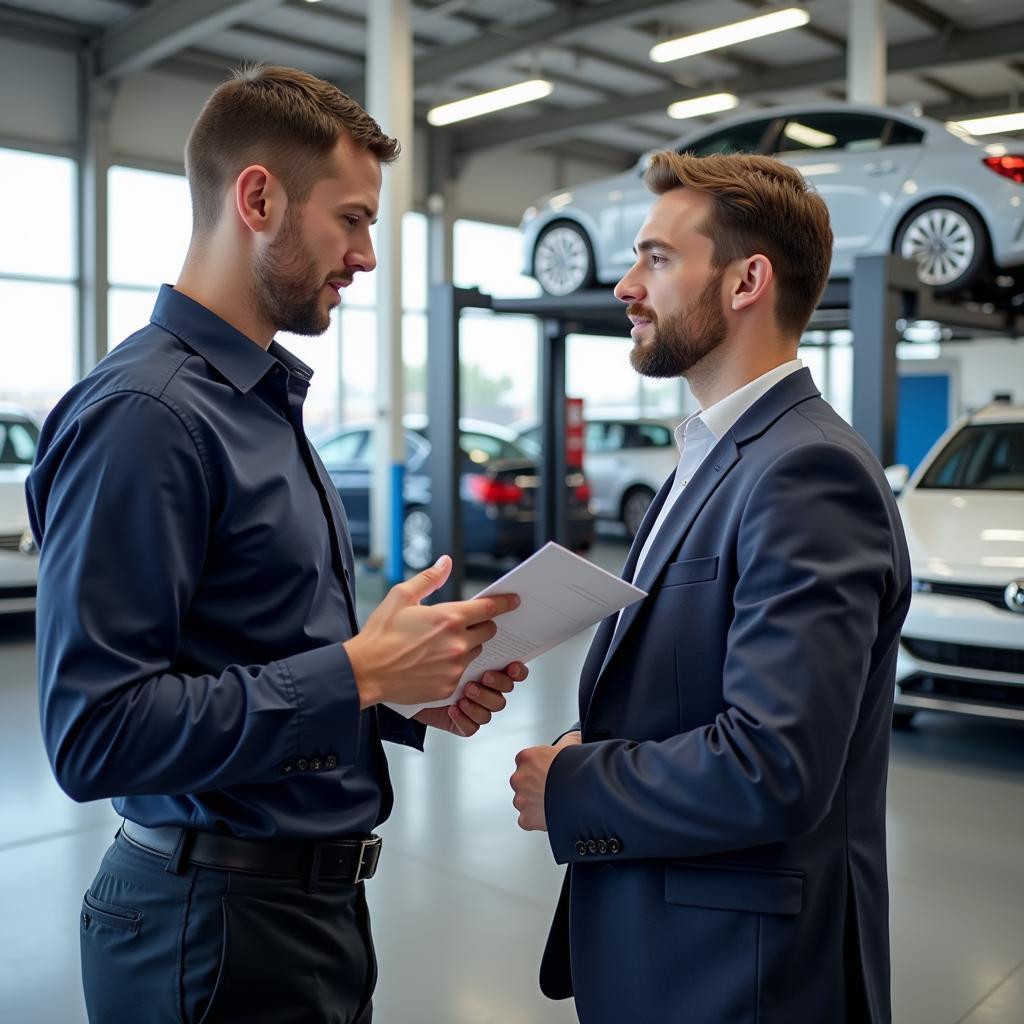 Car service advisor explaining warranty coverage to a customer