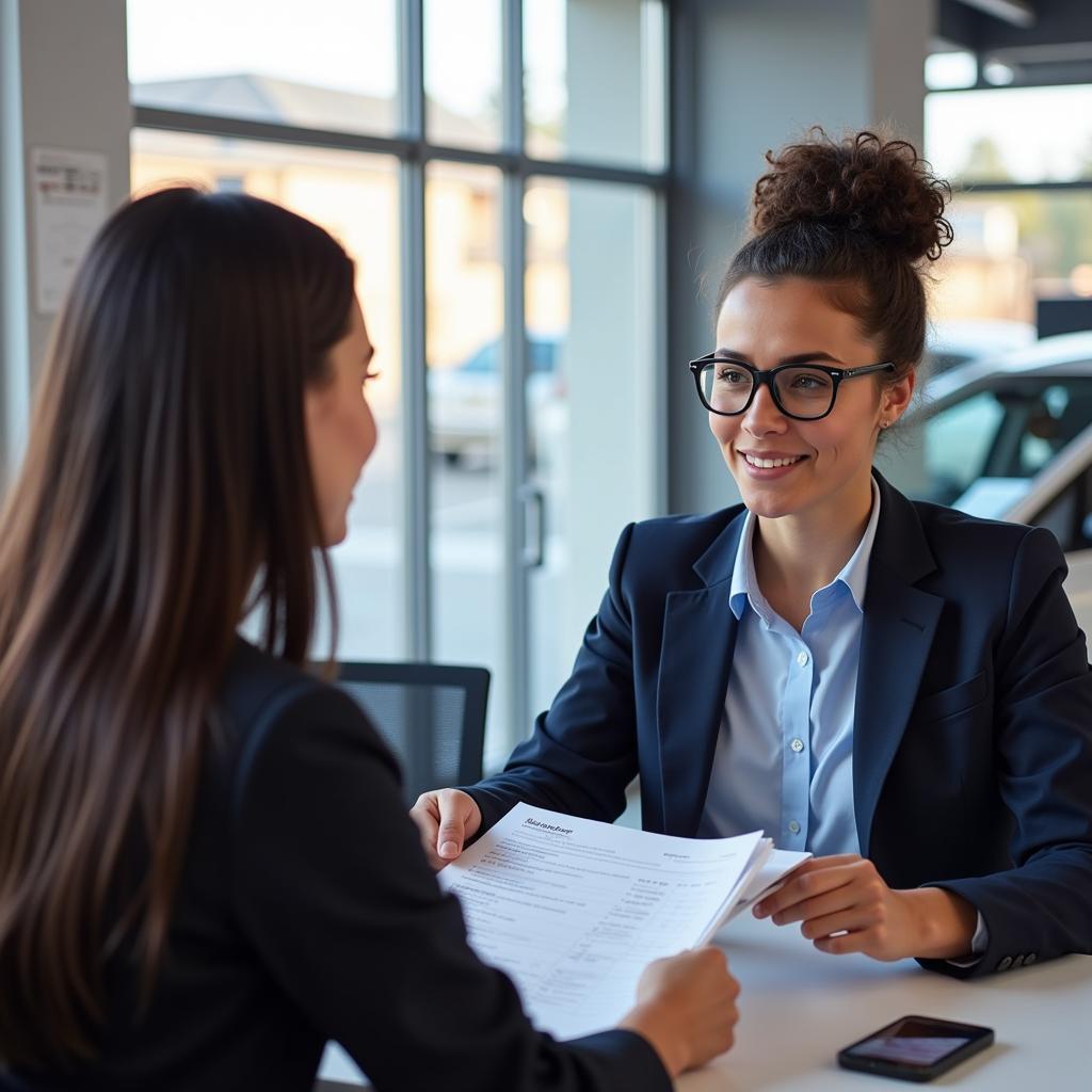 Car service advisor explaining repair details to a customer