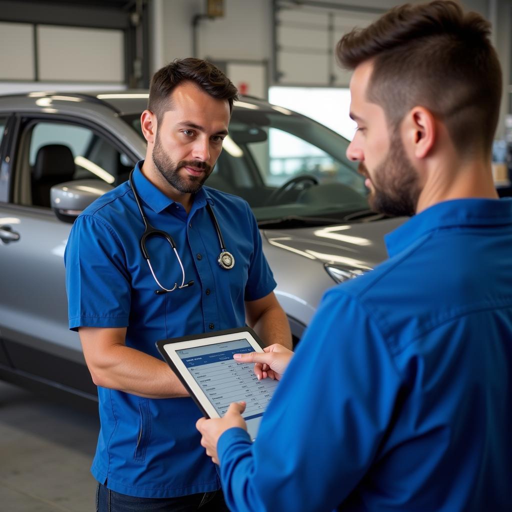 A car service agent explains a repair estimate to a customer using a tablet