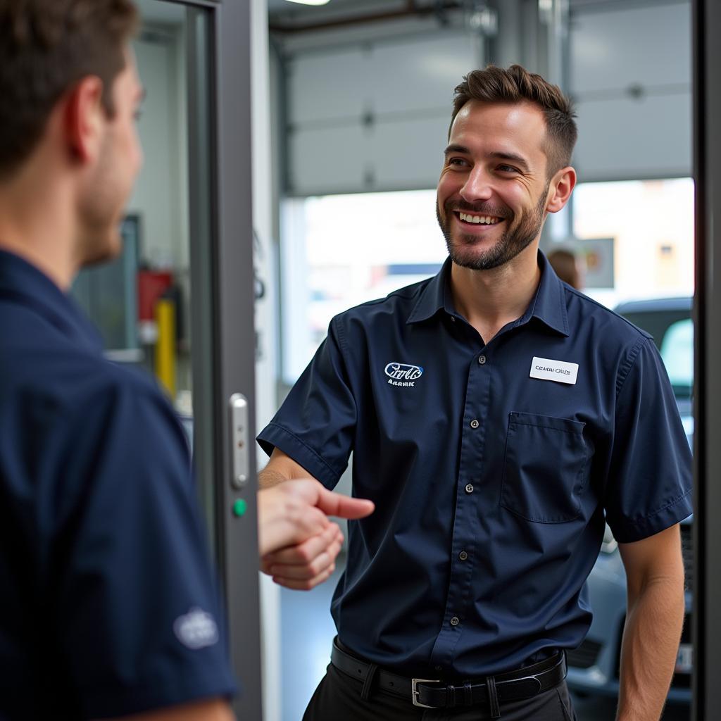 A friendly car service agent greets a customer with a smile