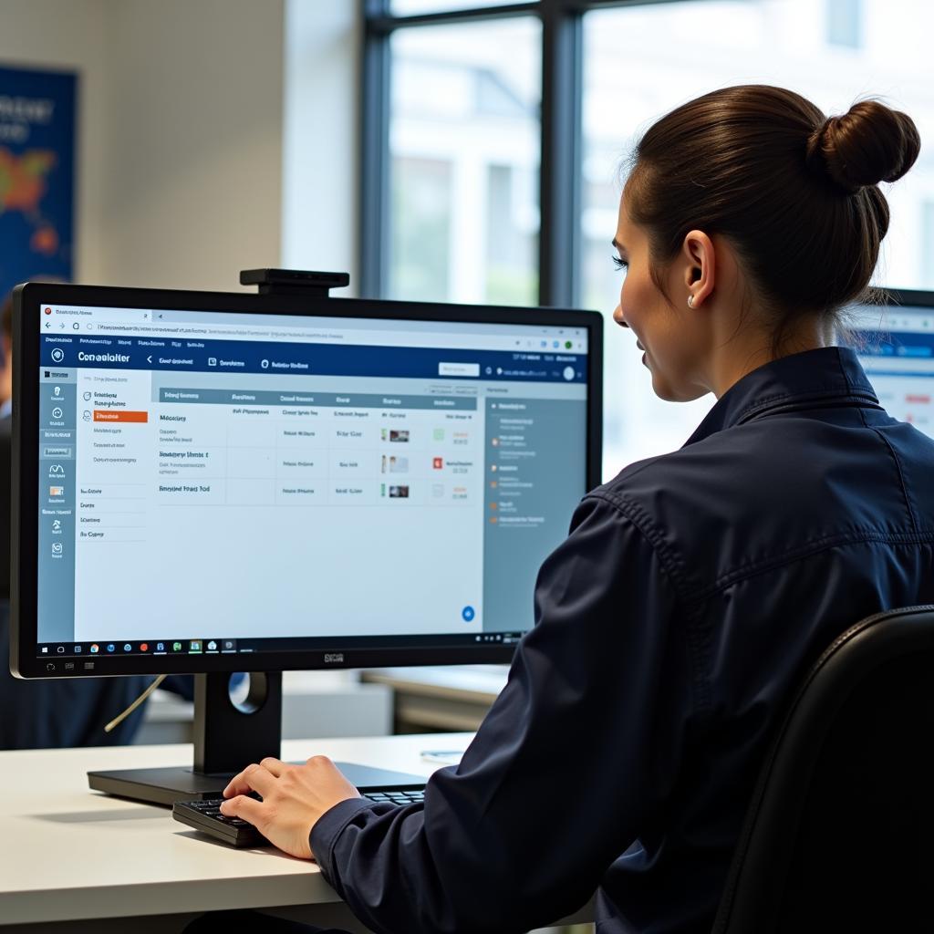 A car service agent uses a computer to check appointment availability