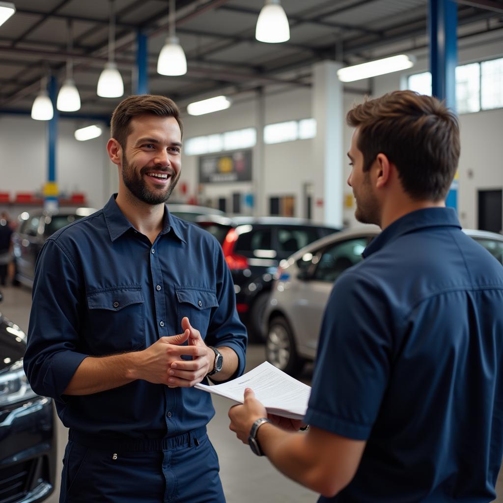 Mechanic talking to a car owner about the service needs