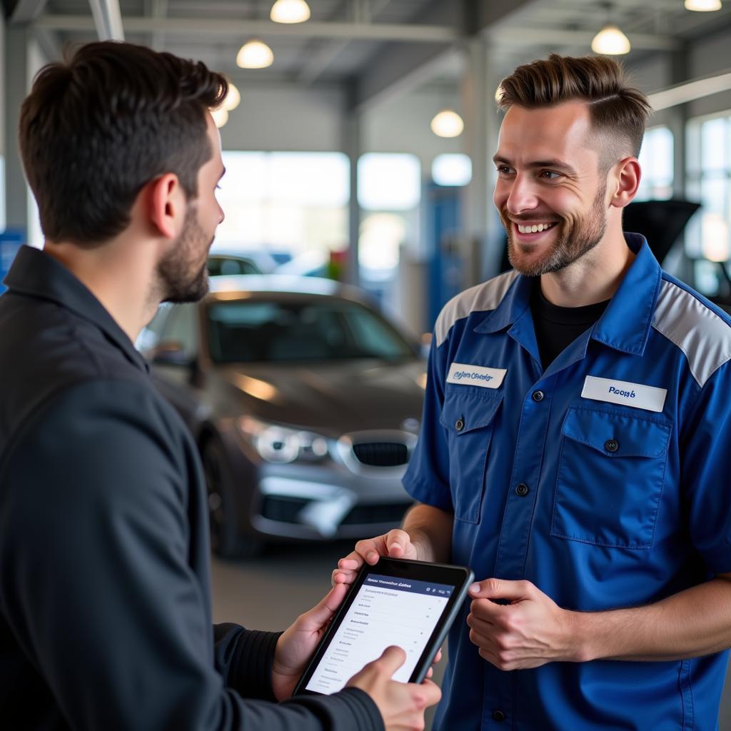 Car service advisor discussing repair options with a customer