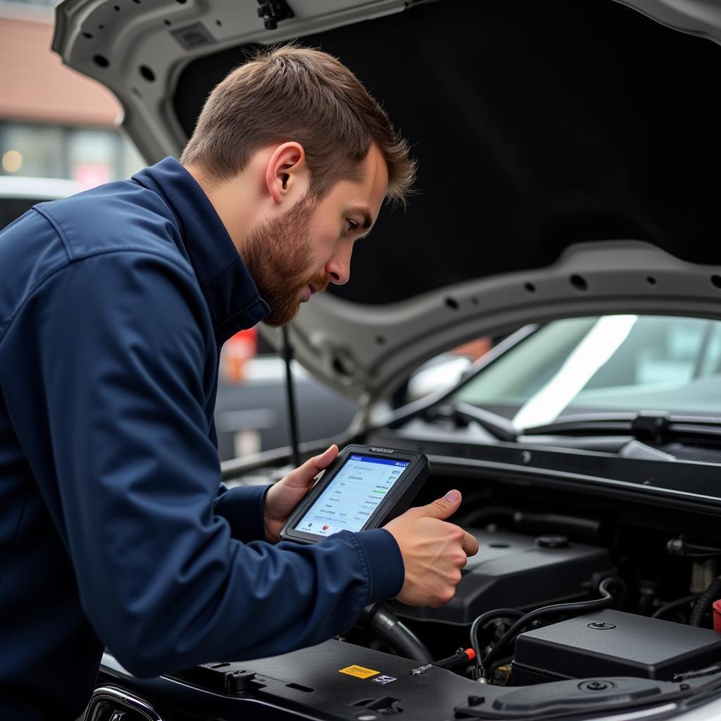 Car service technician diagnosing a car problem in Asheville