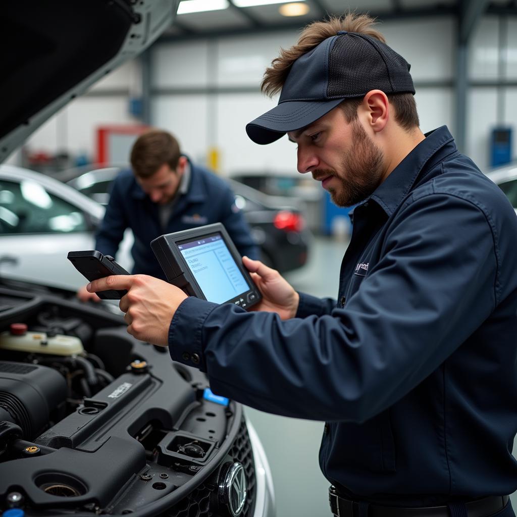 Experienced mechanic diagnosing car issue with diagnostic tool