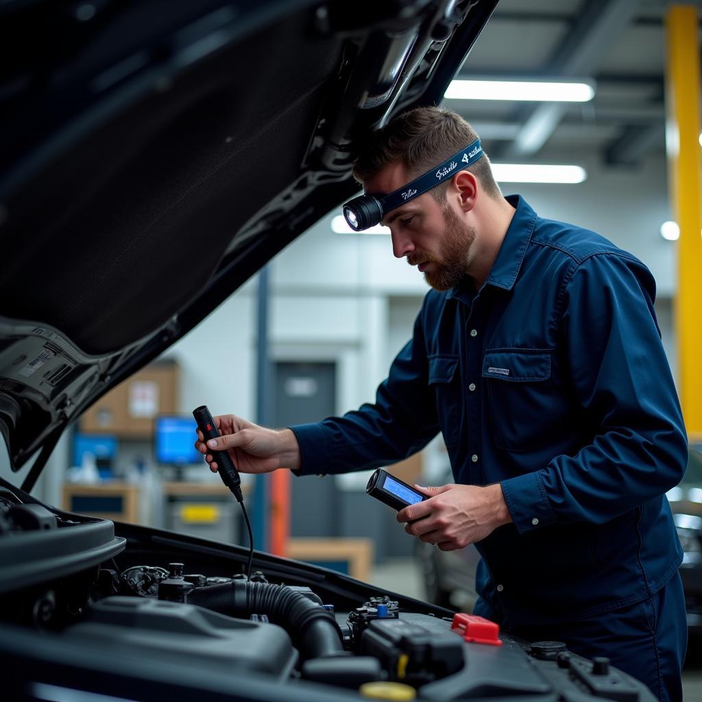 Mechanic conducting a thorough inspection of a car at a Barwell car service center