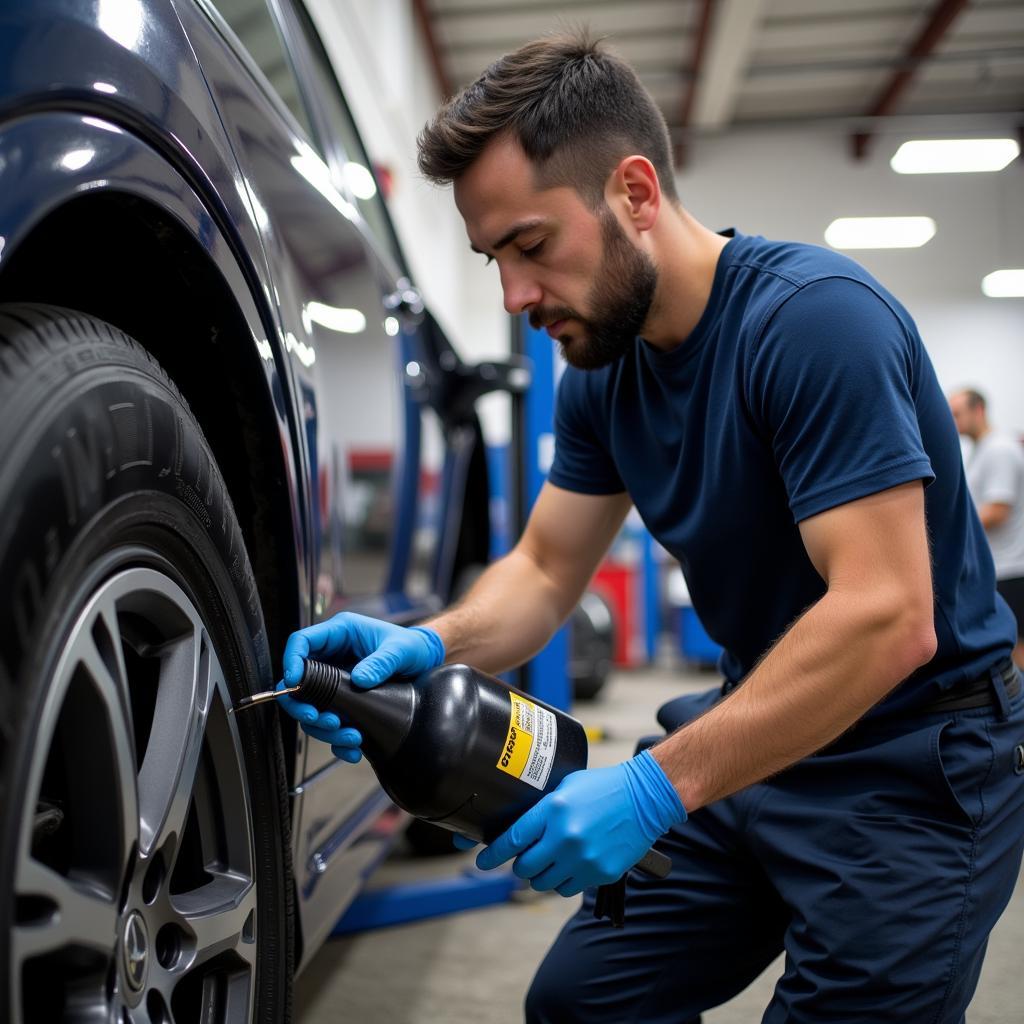 Technician performing routine maintenance on a vehicle in Bath Ave Brooklyn