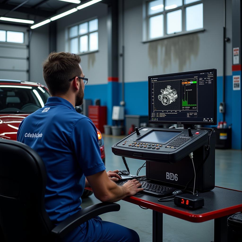 Car undergoing engine diagnostic in BD6