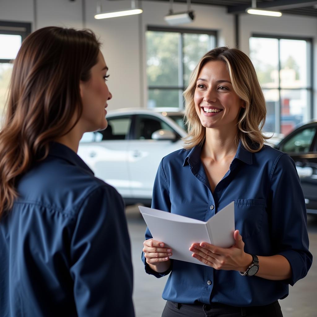 Car service advisor discussing service options with customer in Beckenham