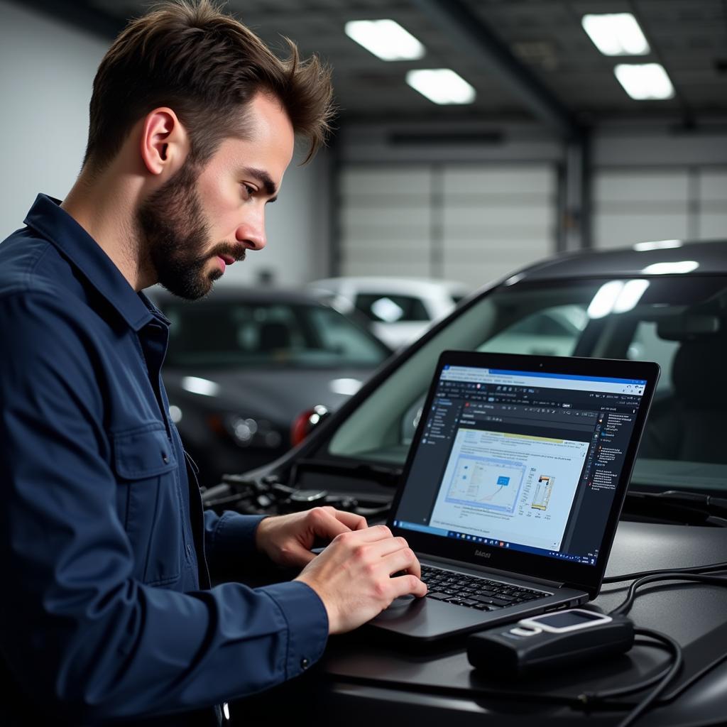 Car Service Technician Performing Engine Diagnostics in Bedford