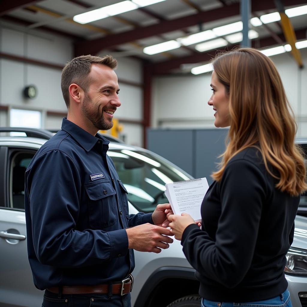 Mechanic discussing car repair with customer in Bedminster NJ