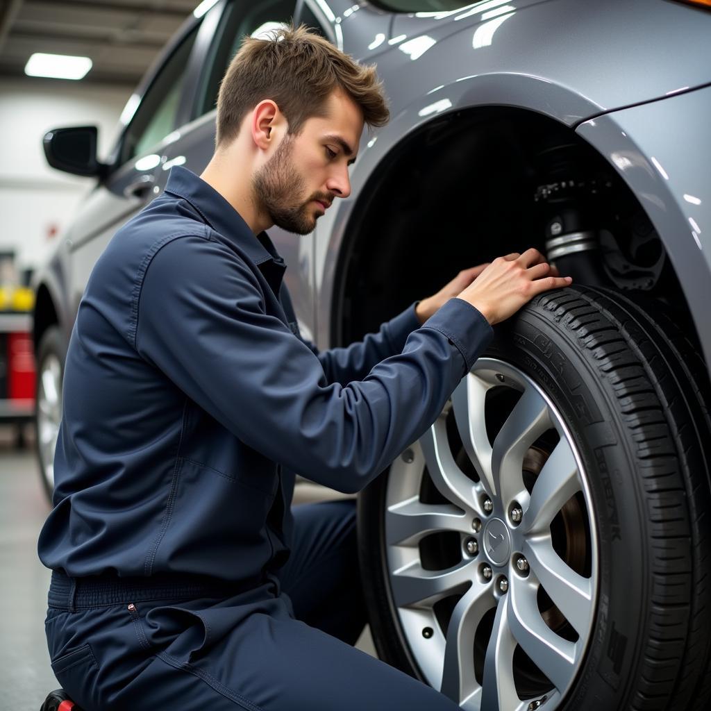 Mechanic performing tire rotation in Bexley car service center