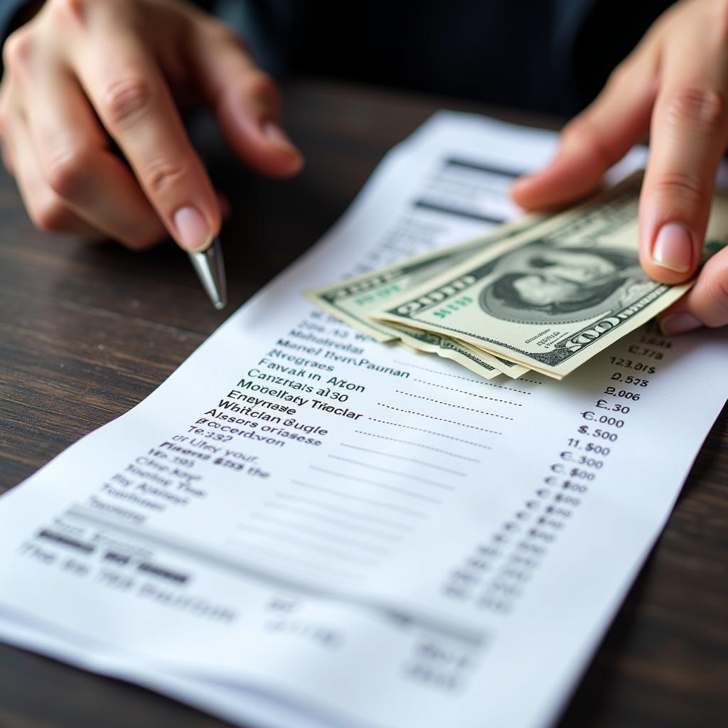 a customer holding cash over a car service bill